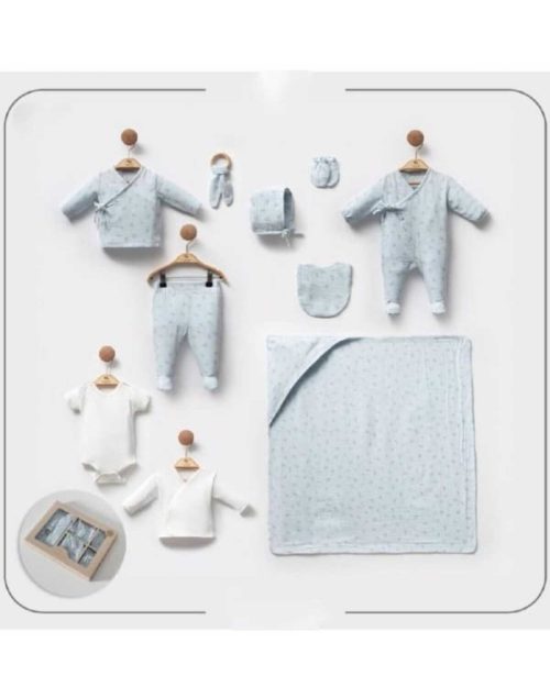 %100 Pamuk Yandan Kurdaleli Muslin Kumaş Erkek Bebek 10'lu Hastane Çıkış Set