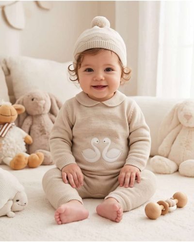 %100 Triko Kuğulu Kız Bebek Tulum