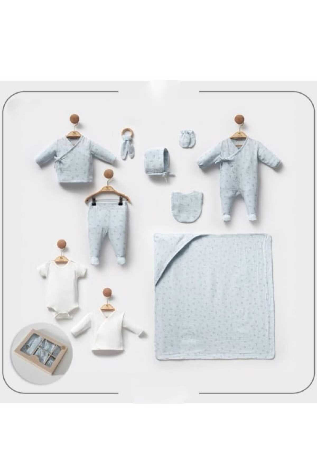 %100 Pamuk Yandan Kurdaleli Muslin Kumaş Erkek Bebek 10'lu Hastane Çıkış Set